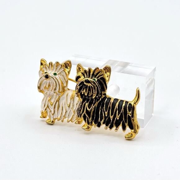 Vintage Jewelry - Vintage Gold Tone Yorkshire Terrier Scottie Black White Two Dogs Pin Brooch